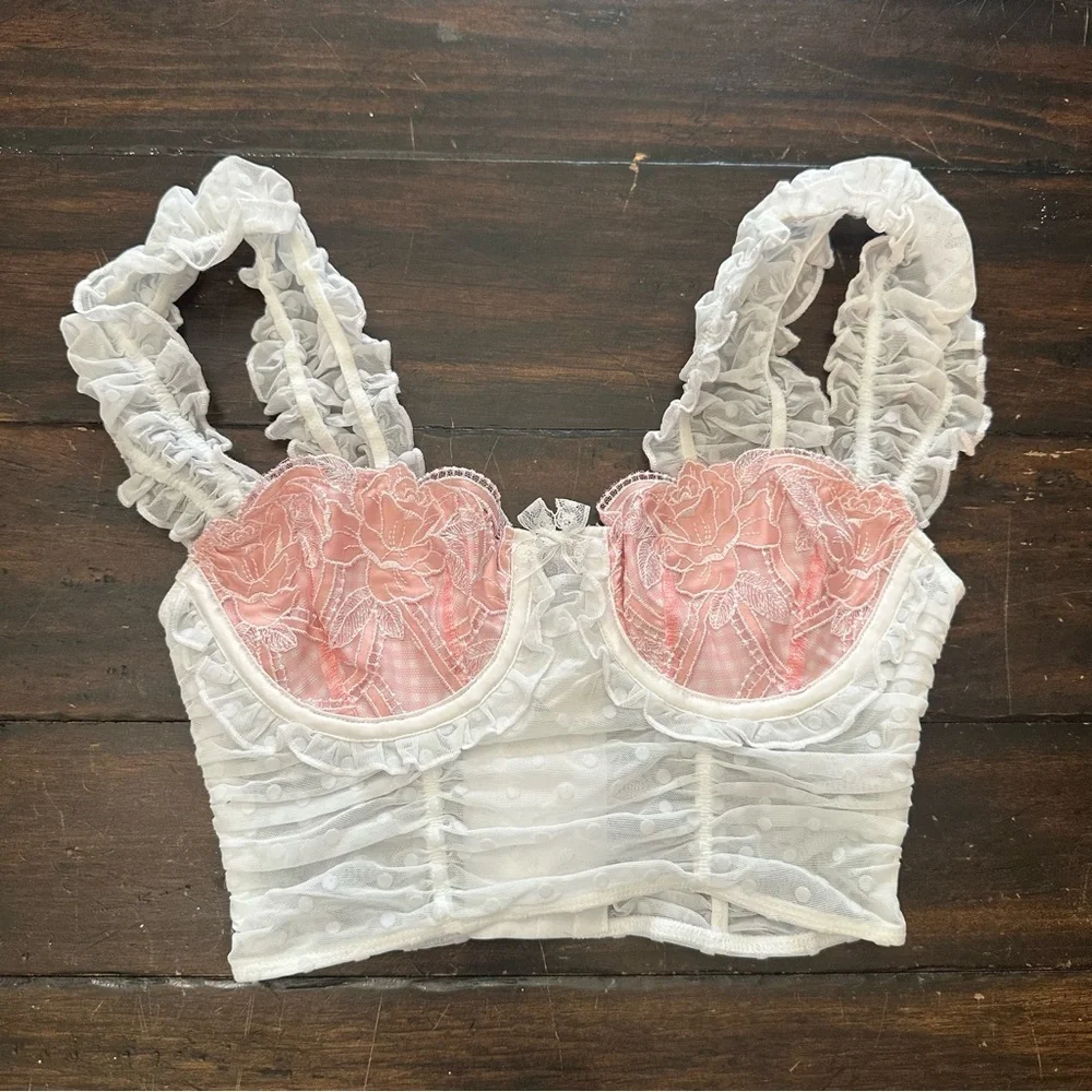 New! For Love And Lemons Tawny White and Pink Lace Crop Top 51427_7